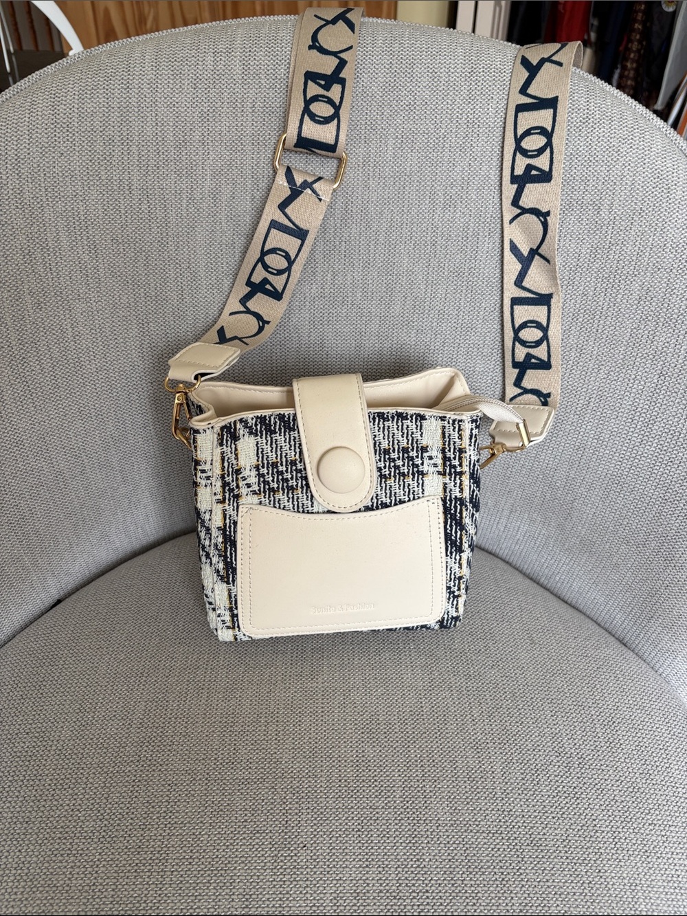 Tweed Crossbody with Ivory Leather Accent and Logo Strap